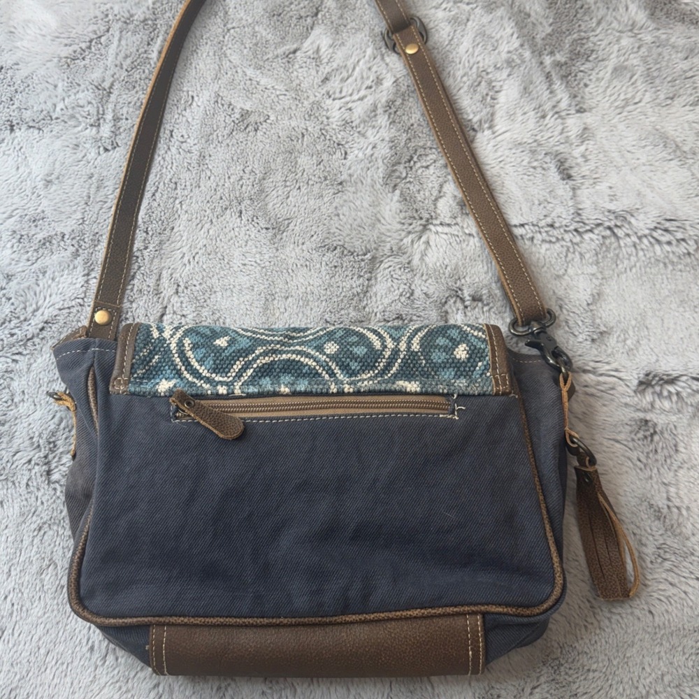 Myra‎ Bag Canvas Cowhide Rug Tapestry Crossbody Bag Teal Brown S-1250 - Picture 3 of 16